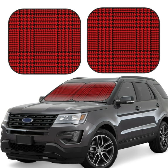 Haiem Red Black Houndstooth Windshield Sun Shade: Universal Foldable 2-Piece Car Front Window Sunshade - Blocks Uv Rays, And Reduces Heat,Essential Car Accessory Small