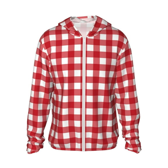 Haiem Red Checkboard UPF 50  Fishing Shirts for Men Long Sleeve UV Sun Protection Hoodie Non-Mask Outdoor Hiking Shirts