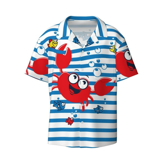 Haiem Red Funny Crab on Blue Stripe Men's Casual Shirts Short Sleeve Button Down Shirts Fashion Textured Summer Beach Shirt-4X-Large