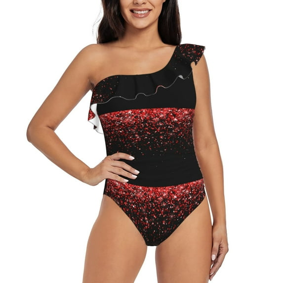 Haiem Red Glitter1 Women's One Piece Swimsuits Tummy Control One Shoulder Bathing Suits Ruffle Swimwear-XX-Large