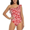 thumbnail image 1 of Haiem Red Hibiscus Flower Women's One Piece Swimsuits Tummy Control One Shoulder Bathing Suits Ruffle Swimwear-Large, 1 of 8
