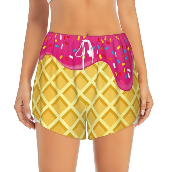 Haiem Red Ice Cream Women's 2 in 1 Running Shorts - Lightweight Athletic Workout Gym Yoga Breathable Sports Shorts Liner with Phone Pockets-Large