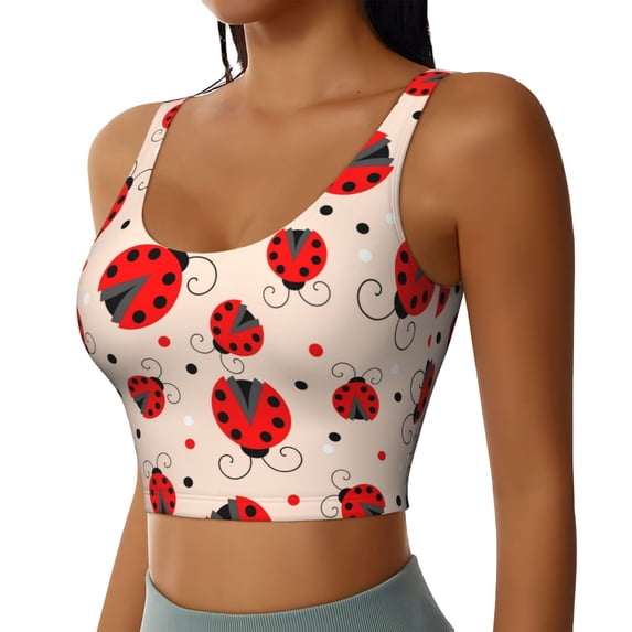 Haiem Red Ladybug Pattern Womens Sports Bra - U Neck Padded Low Impact Yoga Bra Workout Crop Top Gym Moisture-Wicking Workout Vest -X-Large