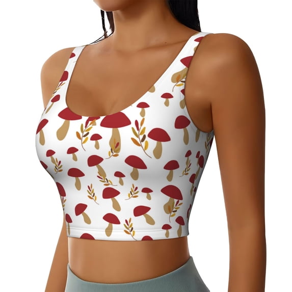 Haiem Red Mushroom Pattern Womens Sports Bra - U Neck Padded Low Impact Yoga Bra Workout Crop Top Gym Moisture-Wicking Workout Vest -Small
