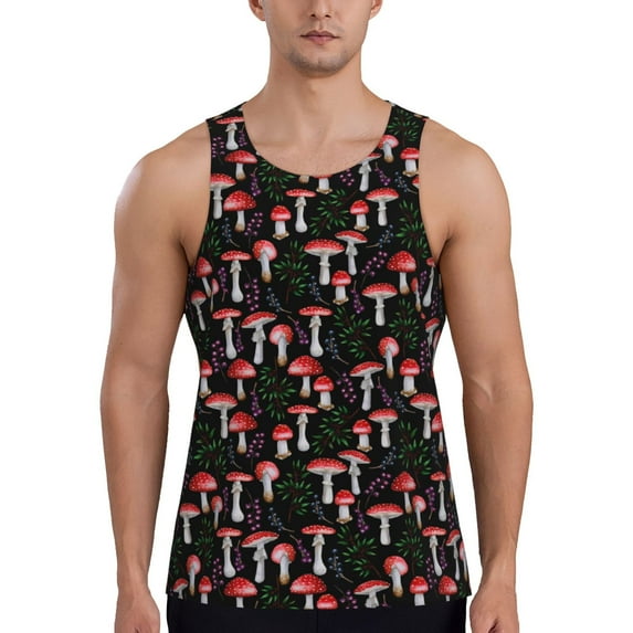 Haiem Red Mushrooms Men Workout Tank Top Gym Bodybuilding Sleeveless Muscle T Shirts Athletic Tank Breathable Workout Shirt-XX-Large