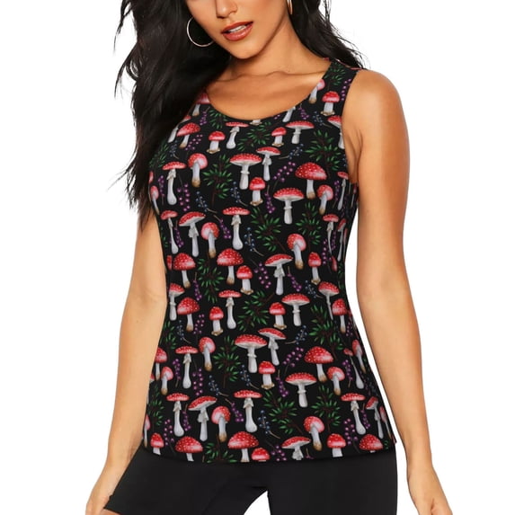Haiem Red Mushrooms Printed Women's Workout Tank Top, Quick-Dry Sleeveless Gym Shirt, Breathable Lightweight Athletic Top for Running, Yoga, and Casual Wear-Large