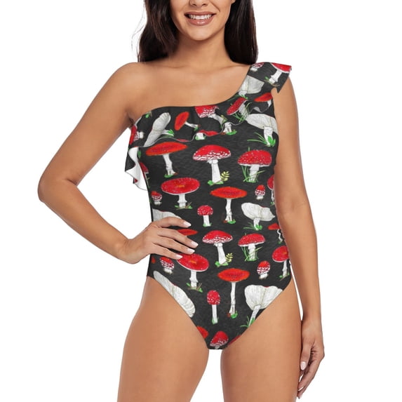 Haiem Red Mushrooms Women's One Piece Swimsuits Tummy Control One Shoulder Bathing Suits Ruffle Swimwear-X-Large