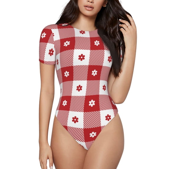 Haiem Red Plaid Daisy Women's Crew Neck Short Sleeve Bodysuit Tops Stretchy Slim Basic-Small