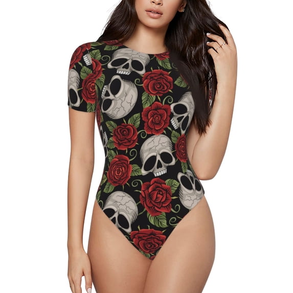 Haiem Red Rose Skull Women's Crew Neck Short Sleeve Bodysuit Tops Stretchy Slim Basic-Small
