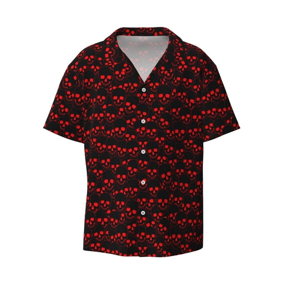 Haiem Red Skulls 4 Men's Casual Shirts Short Sleeve Button Down Shirts Fashion Textured Summer Beach Shirt-Small
