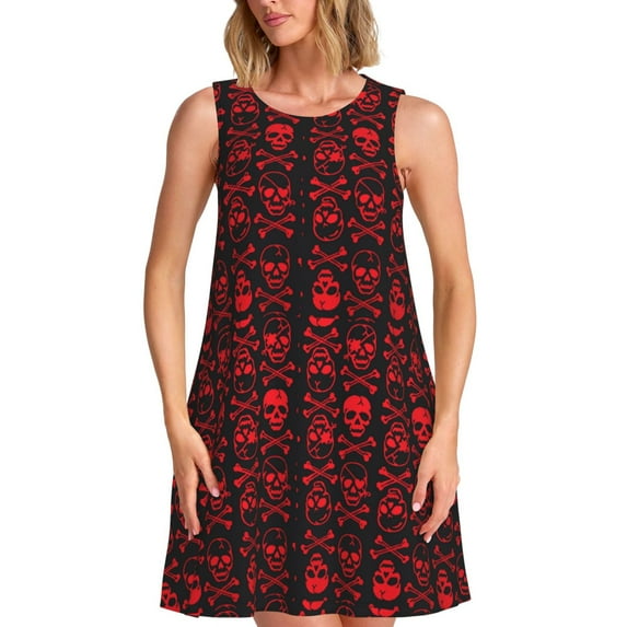 Haiem Red Skulls With Crossbones for Women’s Summer Dresses – Casual Sleeveless Tank Loose Sundress, Lightweight Beach Dress