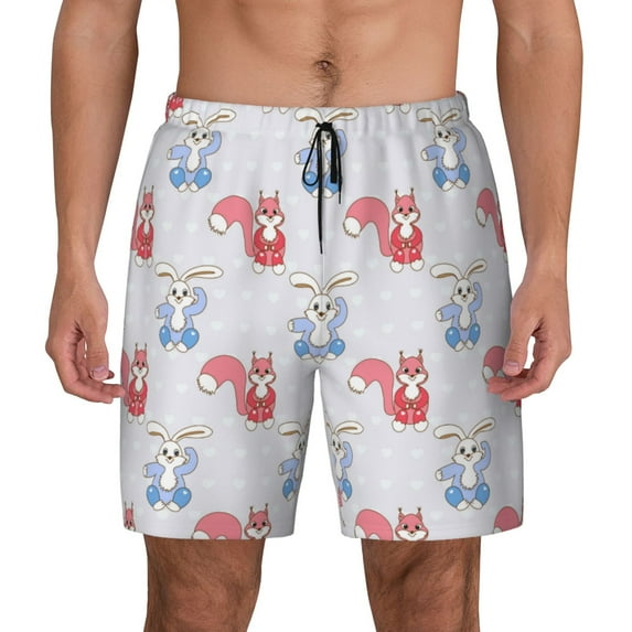 Haiem Red Squirrel And Blue Rabbit Mens Swim Trunks with Compression Liner 2 in 1 Swimming Shorts Stretch Swimwear Quick Dry,Board Shorts-X-Large