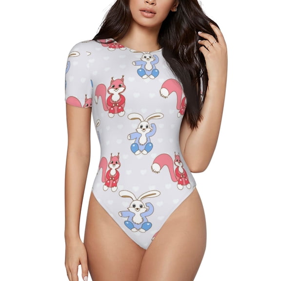 Haiem Red Squirrel And Blue Rabbit Women's Crew Neck Short Sleeve Bodysuit Tops Stretchy Slim Basic-Large