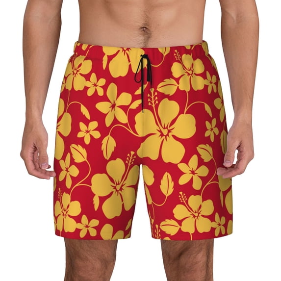 Haiem Red Vintage Flowers Mens Swim Trunks with Compression Liner 2 in 1 Swimming Shorts Stretch Swimwear Quick Dry,Board Shorts-Medium
