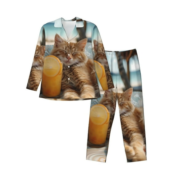 Haiem Relaxing Cat With Orange Juice Pattern Men’s Long-sleeve Sleepwear,Sleepwear Set,2-piece Loungewear Set,Soft PJs Comfy Nightwear with Pockets-Large