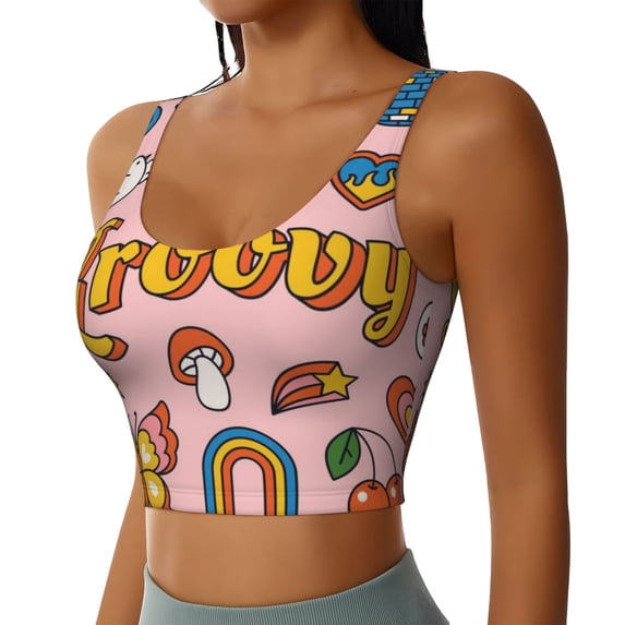 Haiem Retro 70s Hippie Pattern Womens Sports Bra - U Neck Padded Low Impact Yoga Bra Workout Crop Top Gym Moisture-Wicking Workout Vest -Small