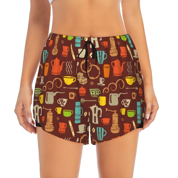 Haiem Retro Coffee Women's 2 in 1 Running Shorts - Lightweight Athletic Workout Gym Yoga Breathable Sports Shorts Liner with Phone Pockets-Small