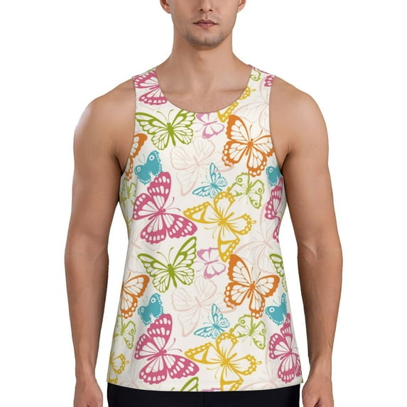Haiem Retro Colorful Butterfly Men Workout Tank Top Gym Bodybuilding Sleeveless Muscle T Shirts Athletic Tank Breathable Workout Shirt-Medium