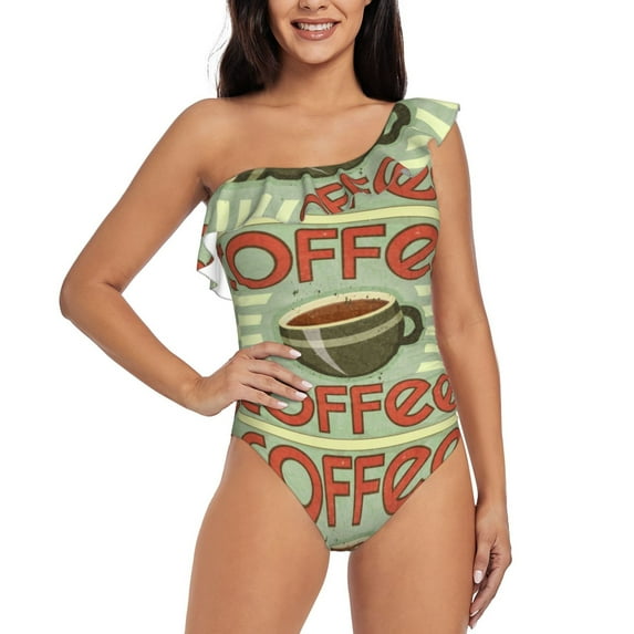 Haiem Retro Cover For Coffee Women's One Piece Swimsuits Tummy Control One Shoulder Bathing Suits Ruffle Swimwear-Large