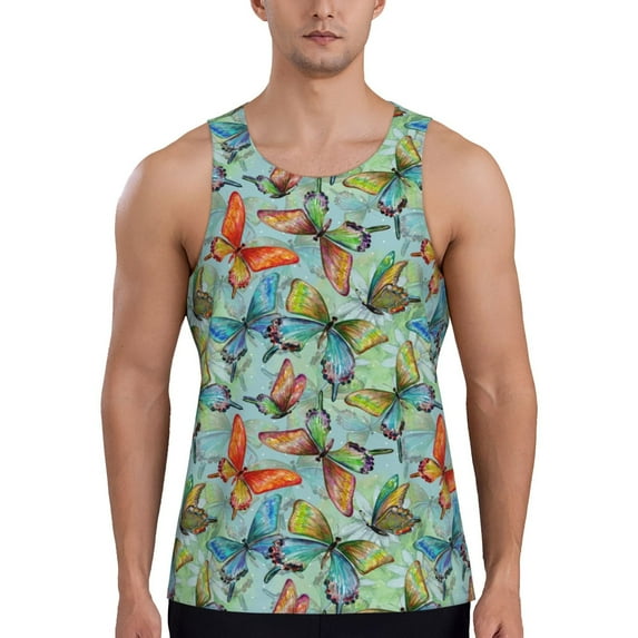 Haiem Retro Flying Butterflies Men Workout Tank Top Gym Bodybuilding Sleeveless Muscle T Shirts Athletic Tank Breathable Workout Shirt-Small