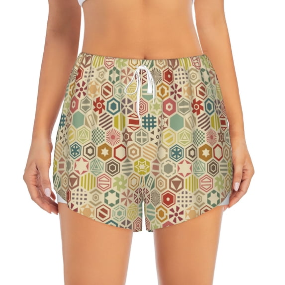Haiem Retro Geometry Women's 2 in 1 Running Shorts - Lightweight Athletic Workout Gym Yoga Breathable Sports Shorts Liner with Phone Pockets-XX-Large
