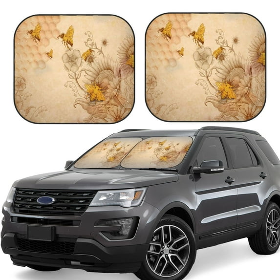 Haiem Retro Hand Drawn Honey Bees And Sunflowers Windshield Sun Shade: Universal Foldable 2-Piece Car Front Window Sunshade - Blocks Uv Rays, And Reduces Heat,Essential Car Accessory Large