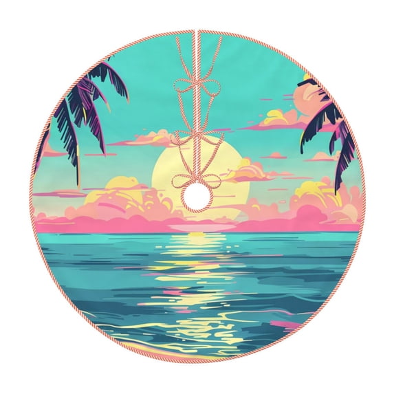 Haiem Retro Palm Beach Sunset Pattern Christmas Tree Skirt Merry Christmas Party Christmas Tree Decoration,New Year Decorations-48"