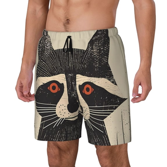 Haiem Retro Raccoon Graphic Print Mens Swim Trunks with Compression Liner 2 in 1 Swimming Shorts Stretch Swimwear Quick Dry,Board Shorts-Small