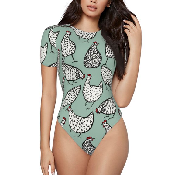 Haiem Retro Rooster4 Women's Crew Neck Short Sleeve Bodysuit Tops Stretchy Slim Basic-Medium