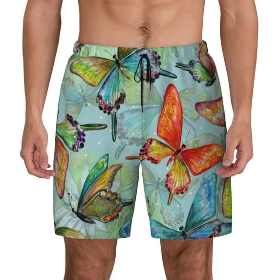 Haiem Retro Seamless Flying Butterflies Mens Swim Trunks with Compression Liner 2 in 1 Swimming Shorts Stretch Swimwear Quick Dry,Board Shorts-X-Large