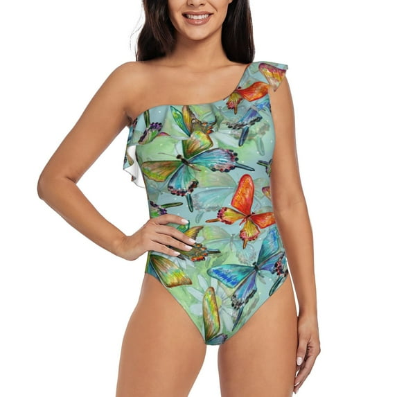 Haiem Retro Seamless Flying Butterflies Women's One Piece Swimsuits Tummy Control One Shoulder Bathing Suits Ruffle Swimwear-Medium