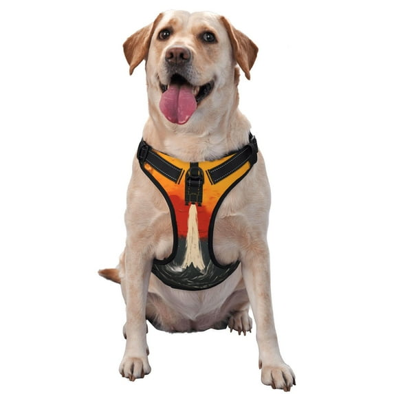 Haiem Retro Space Rocket Launch Pattern No-Pull Dog Harness Reflective Front Clip Vest with Handle,Step-in Air Dog Harness,Adjustable 2 Metal Rings 4 Buckles-X-Large