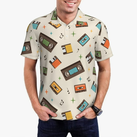 Haiem Retro Vintage Tape Pattern Mens Polo Shirts Quick Dry Short Sleeve Golf T Shirt Performance Moisture Wicking Casual Workout-Medium