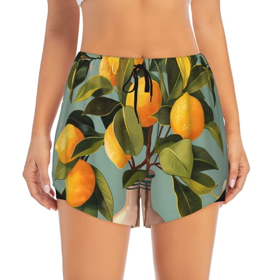 Haiem Retro Warm Lemon Flower Women's 2 in 1 Running Shorts - Lightweight Athletic Workout Gym Yoga Breathable Sports Shorts Liner with Phone Pockets-X-Large