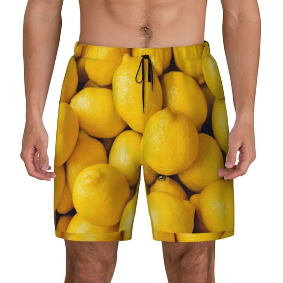 Haiem Ripe Yellow Lemon Mens Swim Trunks with Compression Liner 2 in 1 Swimming Shorts Stretch Swimwear Quick Dry,Board Shorts-X-Large