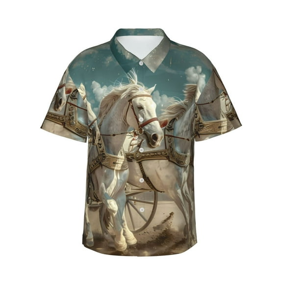 Haiem Roman Chariot Horse Race Printed Hawaiian Shirt for Men - Men’s Casual Beach Summer Shirts - Stretch Fabric with Modern Fit-Medium