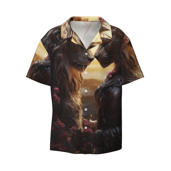 Haiem Romantic Flower Lion Couple Men's Casual Shirts Short Sleeve Button Down Shirts Fashion Textured Summer Beach Shirt-Medium