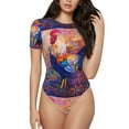 thumbnail image 1 of Haiem Rooster Oil Painting Women's Crew Neck Short Sleeve Bodysuit Tops Stretchy Slim Basic-Large, 1 of 9