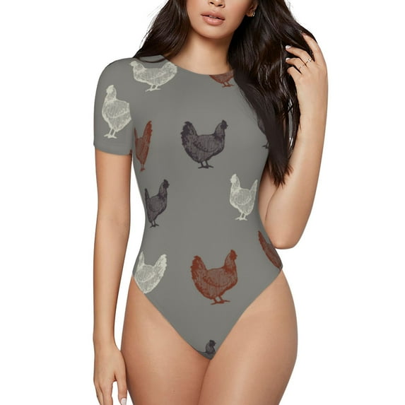 Haiem Rooster Women's Crew Neck Short Sleeve Bodysuit Tops Stretchy Slim Basic-Medium