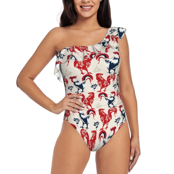 Haiem Roosters Women's One Piece Swimsuits Tummy Control One Shoulder Bathing Suits Ruffle Swimwear-XX-Large