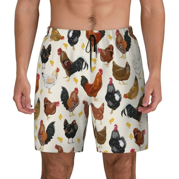 Haiem Roosters and Chickens Mens Swim Trunks with Compression Liner 2 in 1 Swimming Shorts Stretch Swimwear Quick Dry,Board Shorts-3X-Large