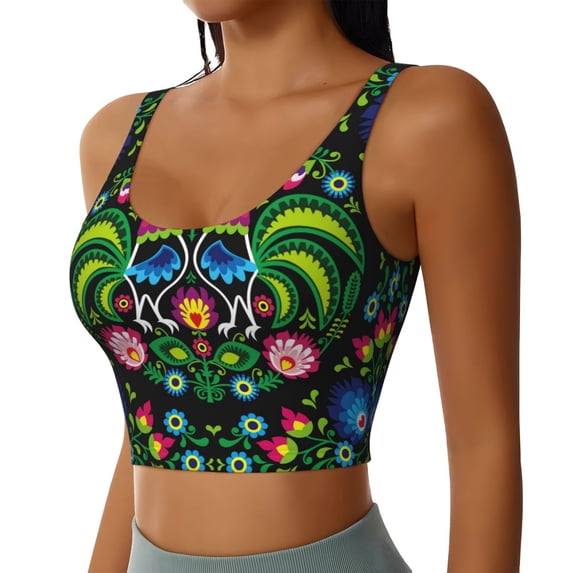 Haiem Roosters and Flowers Pattern Womens Sports Bra - U Neck Padded Low Impact Yoga Bra Workout Crop Top Gym Moisture-Wicking Workout Vest -X-Large