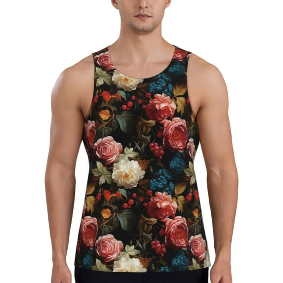 Haiem Rose Flowers Men Workout Tank Top Gym Bodybuilding Sleeveless Muscle T Shirts Athletic Tank Breathable Workout Shirt-X-Large
