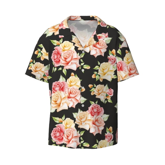 Haiem Rose Flowers Men's Casual Shirts Short Sleeve Button Down Shirts Fashion Textured Summer Beach Shirt-XX-Large