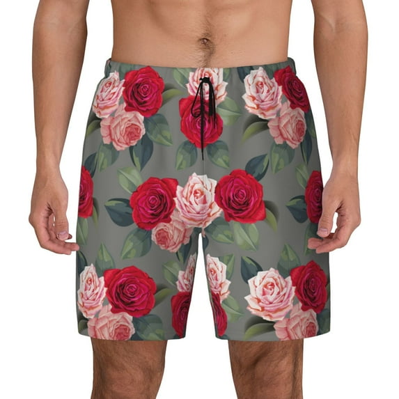 Haiem Rose Flowers Mens Swim Trunks with Compression Liner 2 in 1 Swimming Shorts Stretch Swimwear Quick Dry,Board Shorts-Large