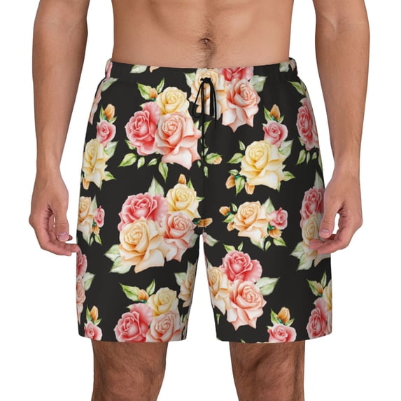 Haiem Rose Flowers Mens Swim Trunks with Compression Liner 2 in 1 Swimming Shorts Stretch Swimwear Quick Dry,Board Shorts-Large