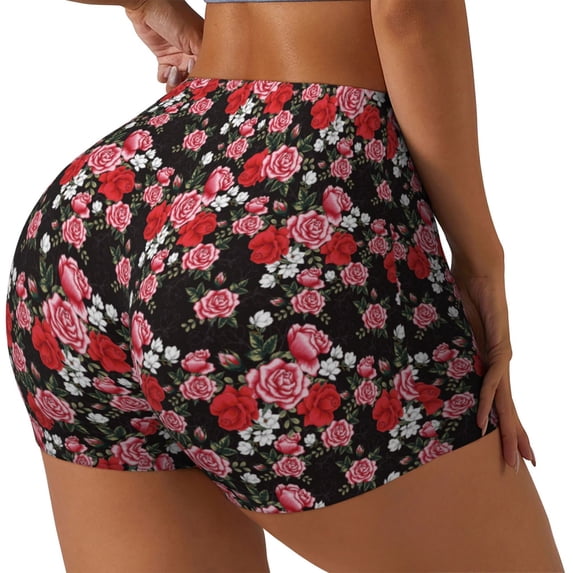 Haiem Rose Flowers No Front Seam Biker Shorts for Women Yoga Workout Gym Bike Shorts with Tummy Control Moisture-Wicking-X-Large