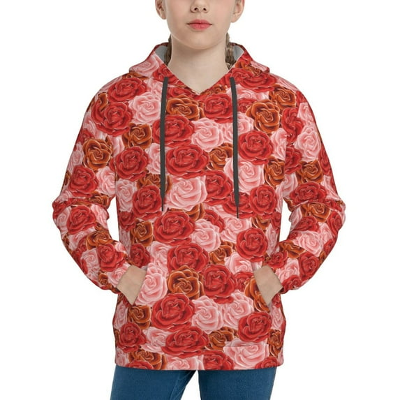 Haiem Rose Flowers Pattern Boys Hoodie, Youth Pullover Hooded Sweatshirt, Kangaroo Pocket Hoodie for Kids Girls -X-Large