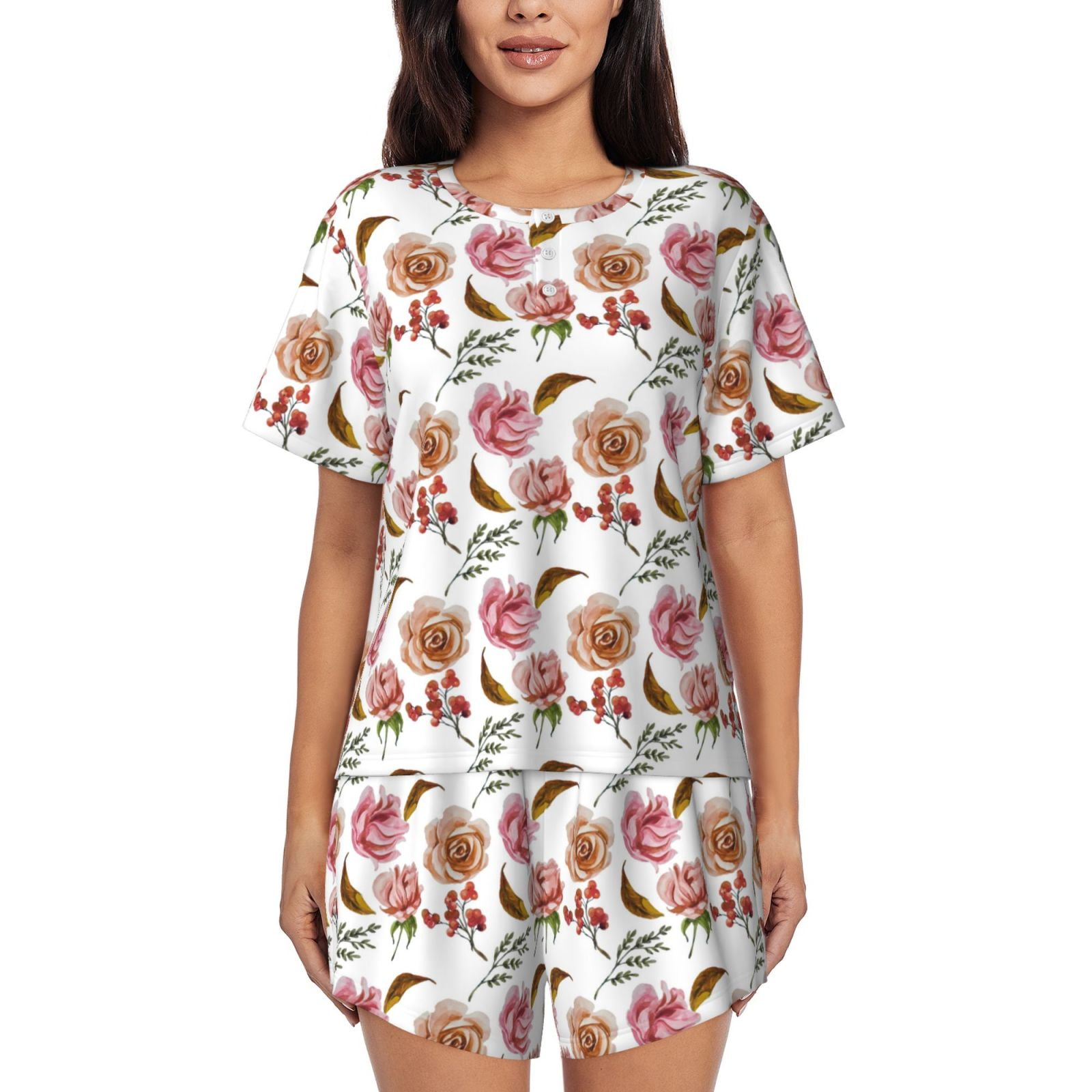 Floral Print Cotton Pajama Set For Women Rose Pink Two Piece V Neck Autumn Comfort