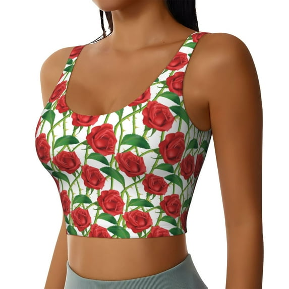 Haiem Rose Flowers Pattern Womens Sports Bra - U Neck Padded Low Impact Yoga Bra Workout Crop Top Gym Moisture-Wicking Workout Vest -Small